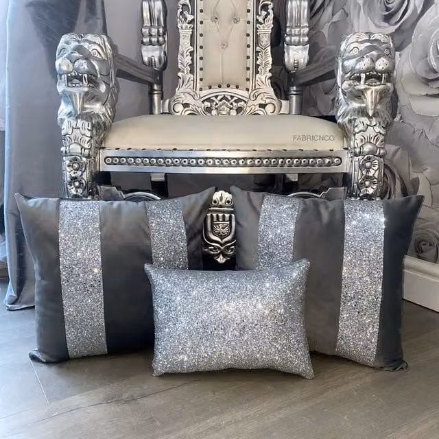 FABRICNCO Grey and Silver Plush Velvet Glitter Cushion Cover Set