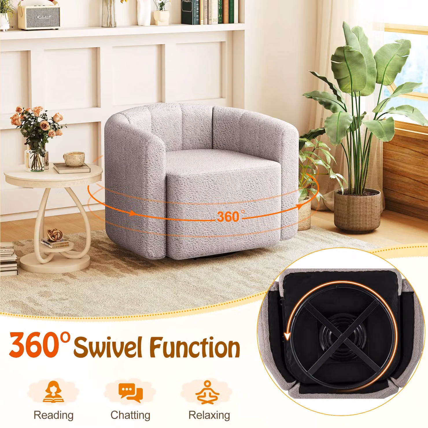 Gymax White Sherpa Bouclé Swivel Barrel Accent Chair with Solid Wood Frame – 3