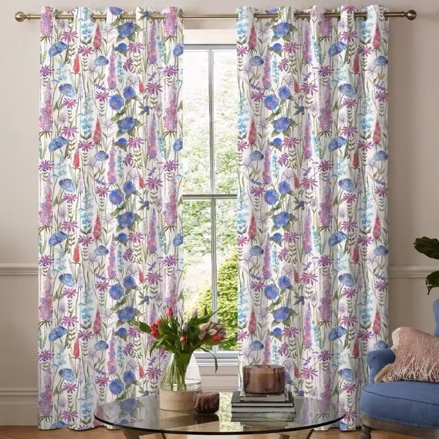 Voyage Maison Florabunda Made to Measure Blackout Eyelet Curtain in Bluebell Ecru Floral Cotton Linen Fabric