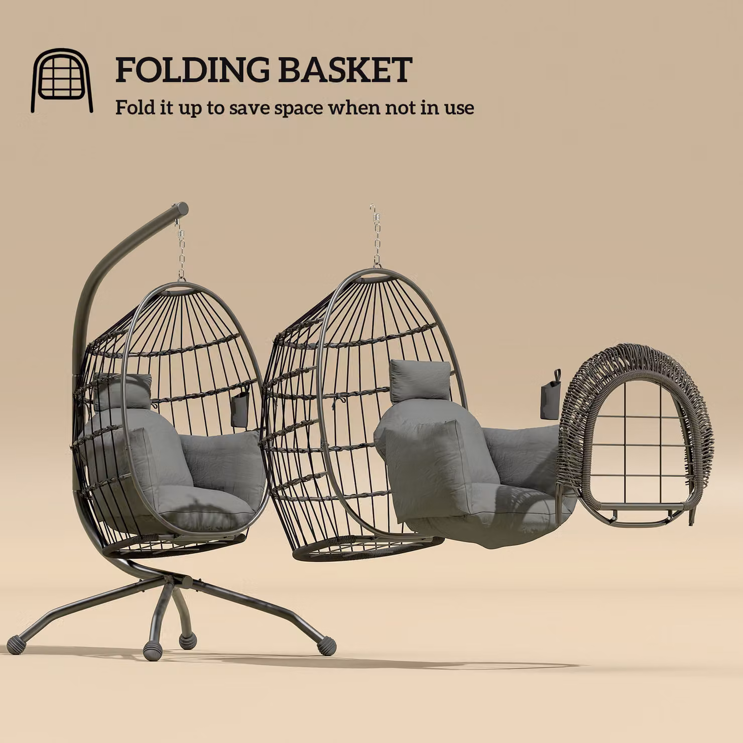 Outsunny Hanging Egg Chair with Stand and Cushions, Dark Grey Rattan Swing Chair for Indoor and Outdoor Use – 5