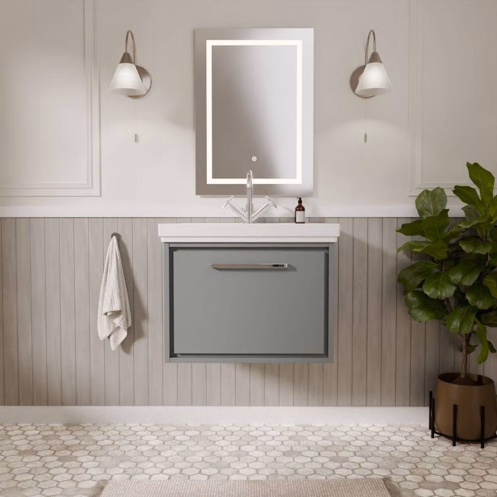 Balterley Wall Hung Single Drawer Bathroom Vanity with Fireclay Basin, Grey, Width: 60 cm – 2