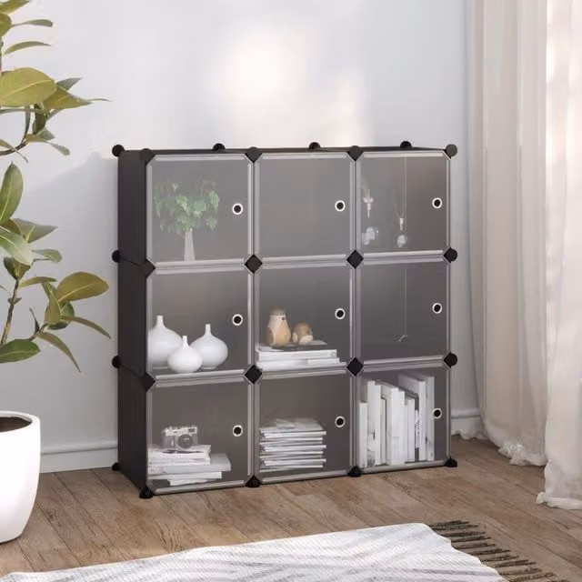 Berkfield Modern Black Home and Office Storage Cube Organiser with 9 Cubes and Glass Doors