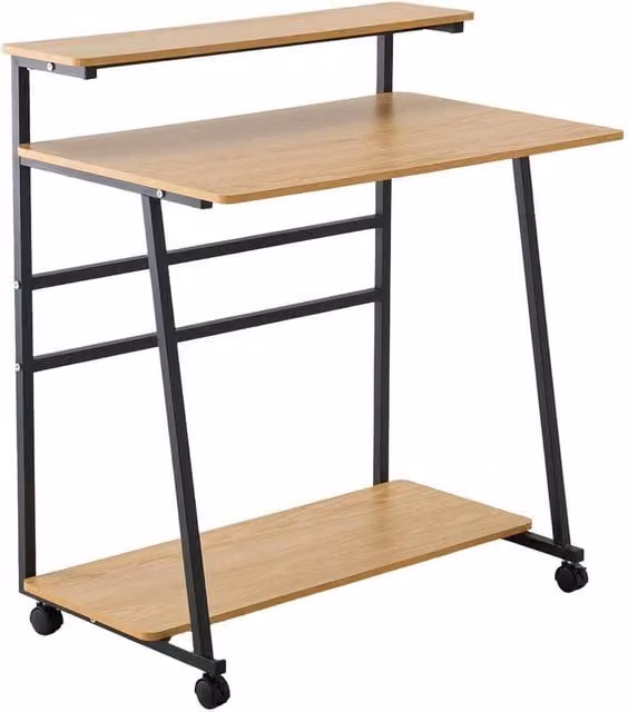 KORVIXA 3 Tier Rolling Computer Desk in Natural Brown with Castors, W/D/H: 100 x 100 x 120 cm