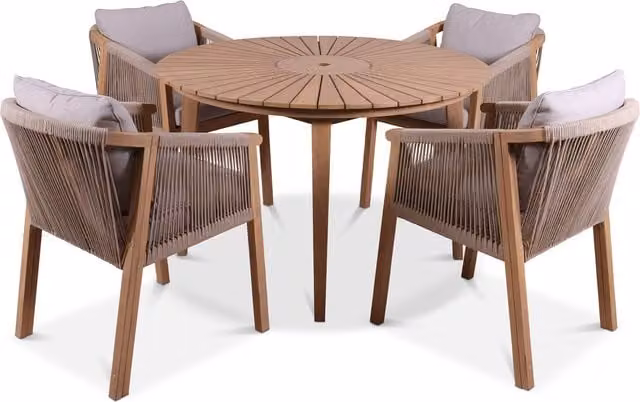 Royalcraft Roma 5 Piece Round Dining Set in Beige and Brown, Lacquered Acacia Wood