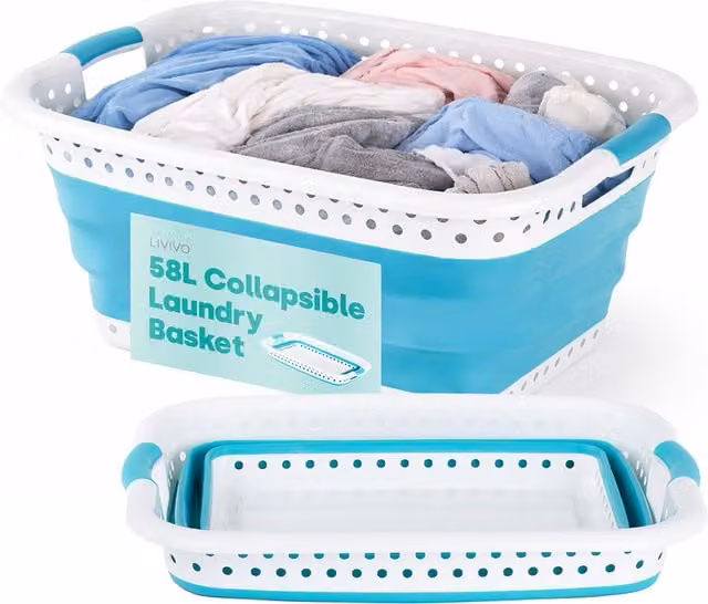Livivo Collapsible Plastic Laundry Basket with Handles, Turquoise