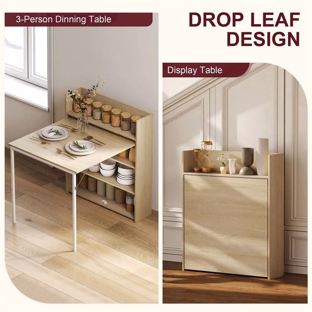 EONLION Folding Dining Table with Shelves in Natural Brown and Beige – 3