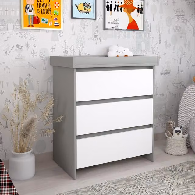 Shefa Kids Classic Baby Changing Dresser with 3 Drawers, Grey and White Matt