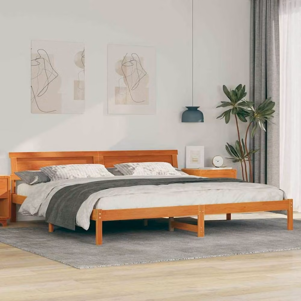 Berkfield Home Solid Pine Bed with LED Strip Lights and Headboard in Wax Brown, W/D/H: 180 x 200 x 73 cm – 1