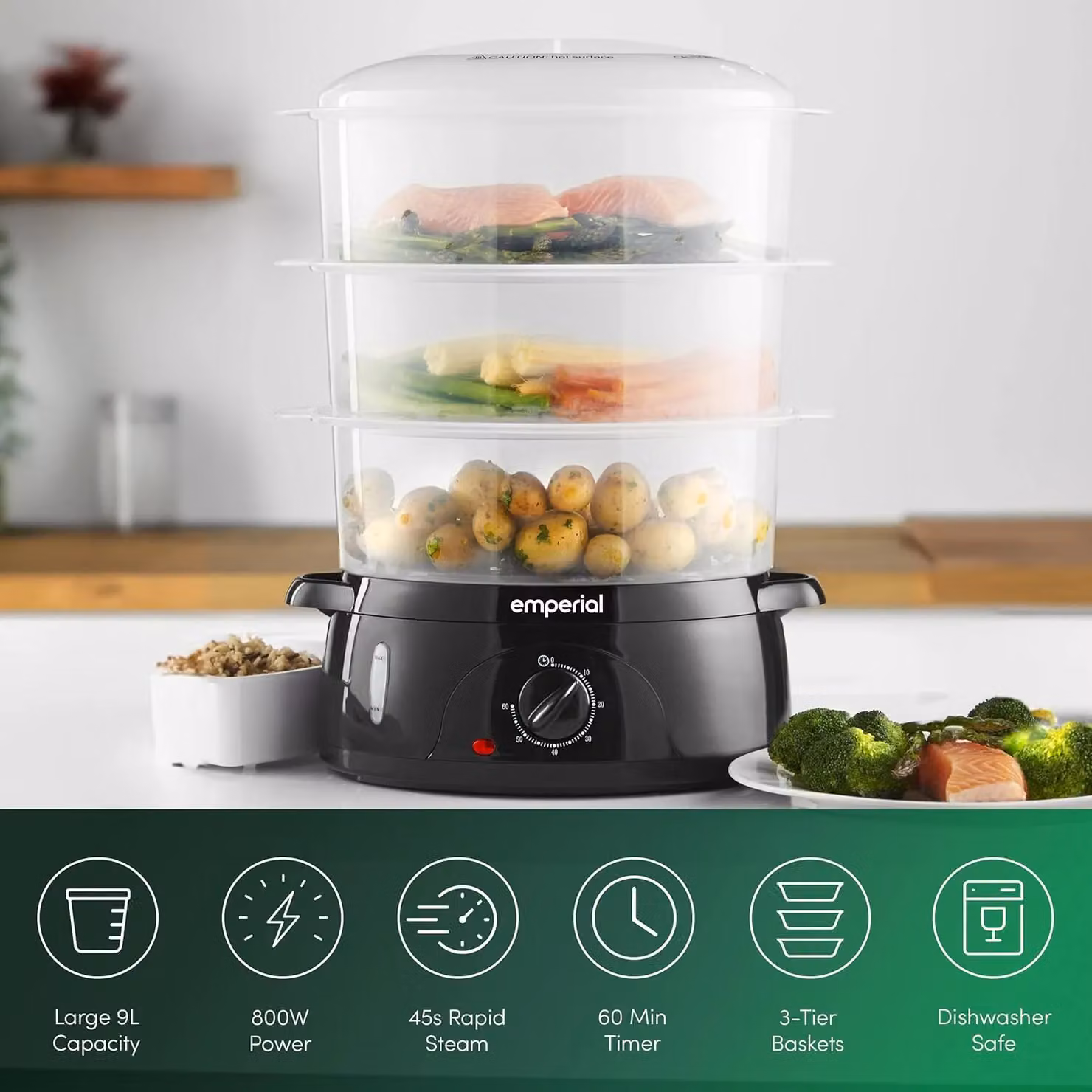 Emperial 3-Tier Electric Food Steamer with Timer and Rice Bowl, 9L, Black – 2