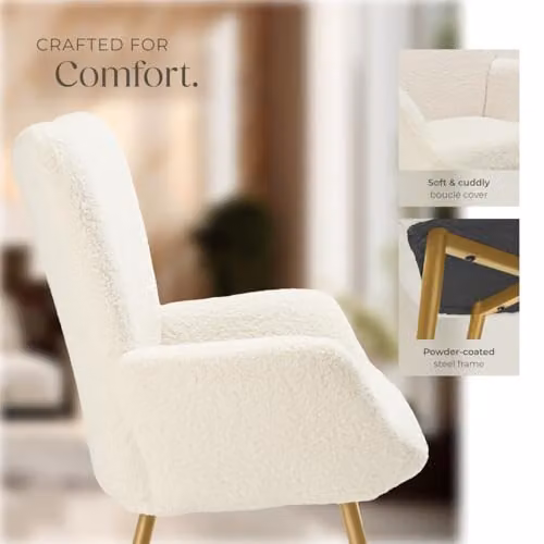 tectake Hygge Bouclé Armchair in Cream and Gold with Metal Legs – 5