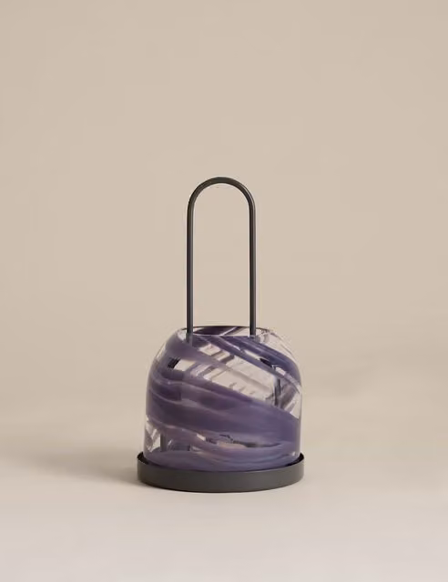 M&S Coastal Round Glass Tabletop Lantern in Multicolour Purple Abstract Maritime Design