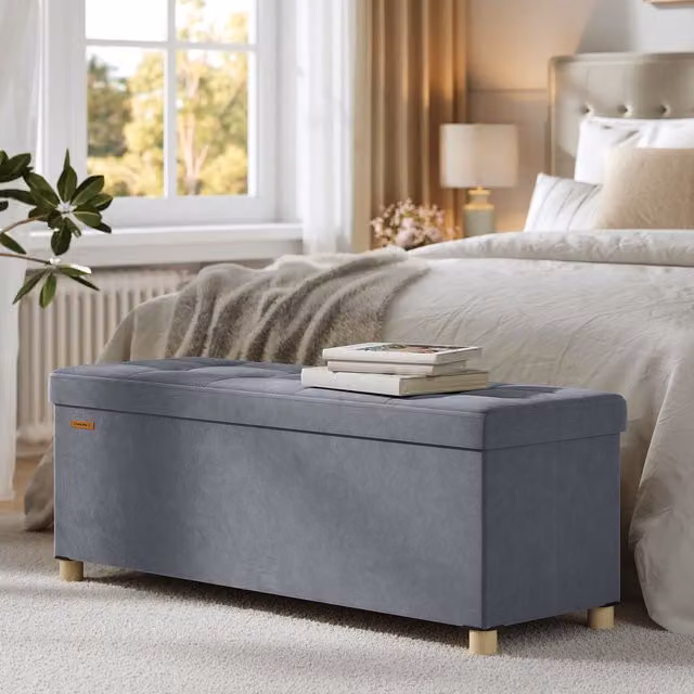 SONGMICS Grey Velvet Folding Storage Ottoman Bench with Lid