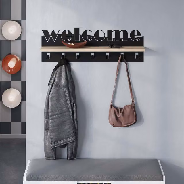 Decortie Welcome Wall-Mounted Coat Hanger Shelf with 7 Hooks, Oak and Black, W: 86 cm, H: 26.8 cm, D: 15.2 cm – 2
