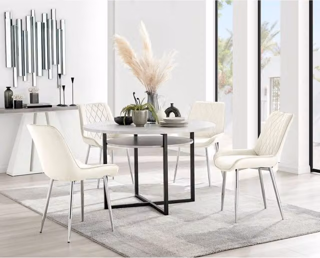 Furniturebox Adley Grey Concrete Effect Storage Dining Table and 4 Pesaro Silver Velvet Chairs in Cream