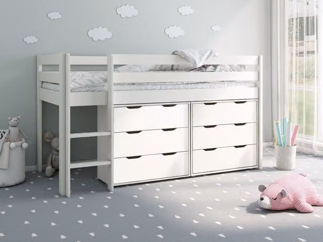 Noomi Nora Solid Wood Mid Sleeper Cabin Bed with 6 Drawers in White, W/D/H: 200 x 100 x 116.5 cm
