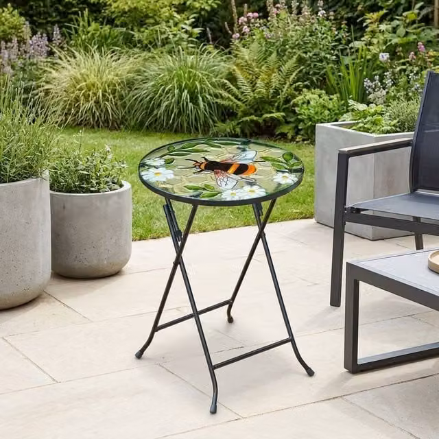Garden Greatness Haxton Bumble Bee Floral Glass Garden Table, Multicolour, W/D/H: 60 x 60 x 45 cm