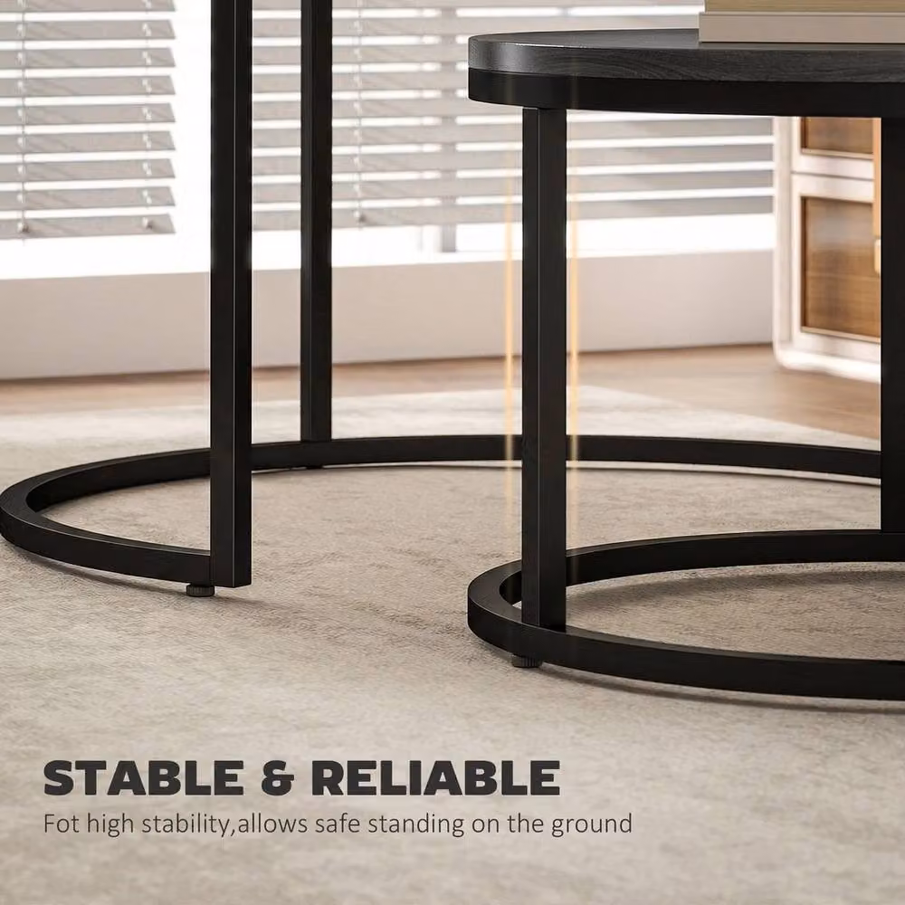 VOGREX Black Wood Grain Round Stacking Coffee Tables with Steel Frame, Set of 2 – 3