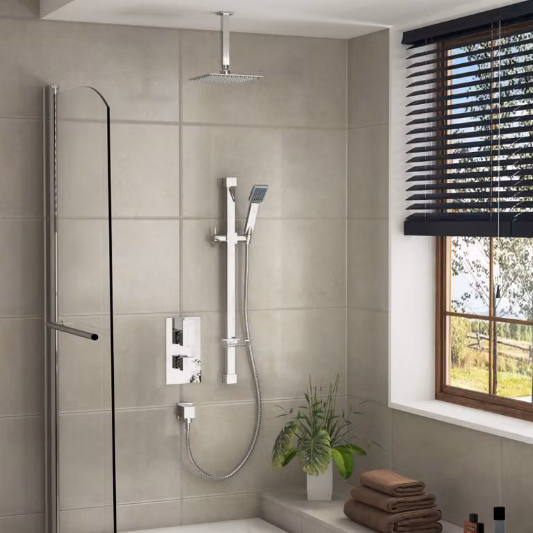 Royal Bathrooms Elegance Square Thermostatic Diverter Shower Mixer Kit in Chrome with Sliding Rail, Ceiling Arm, Hand Shower and Overhead Shower