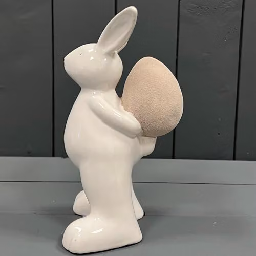 Gift Company White Ceramic Rabbit Holding Egg Tabletop Decoration, Height: 20.8 cm
