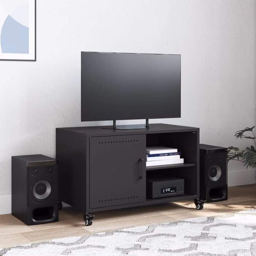 Berkfield Home Modern Black Metal TV Cabinet with Internal Shelves and Hinged Doors W/D/H: 68 x 39 x 43.5 cm – 2