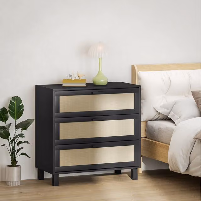 HOMCOM 3 Drawer Storage Cupboard in Black Matt Wood and Rattan