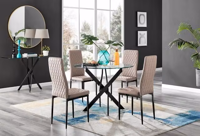 FurnitureboxUK Novara Round Glass Dining Table and 4 Milan Faux Leather Chairs in Beige with Black Legs – 1
