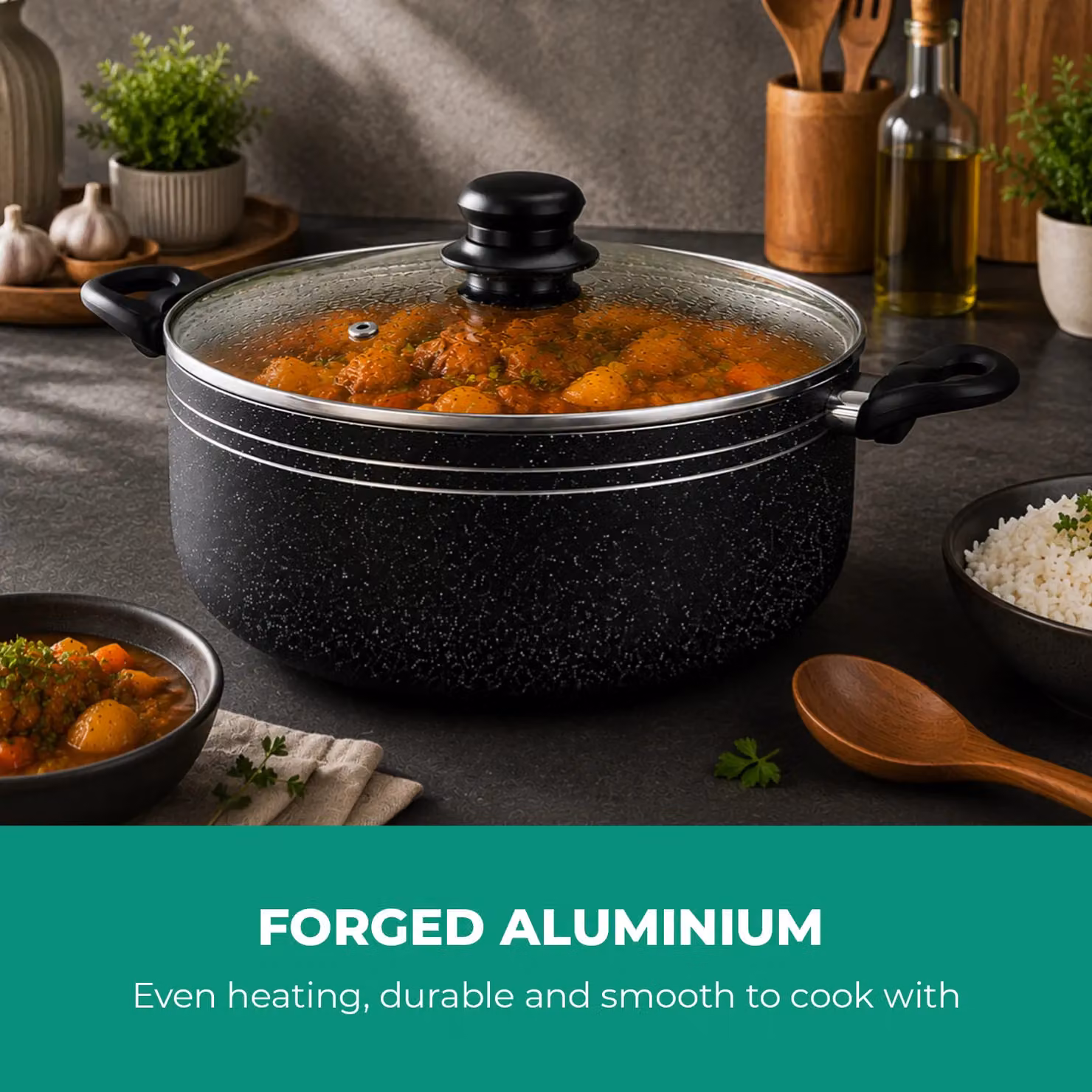 Royalford Non Stick Black Casserole Dish with Tempered Glass Lid – 5