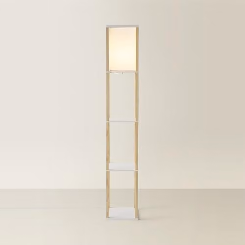 MiniSun Oak Wooden Floor Lamp with Shelves and White Fabric Shade in Brown