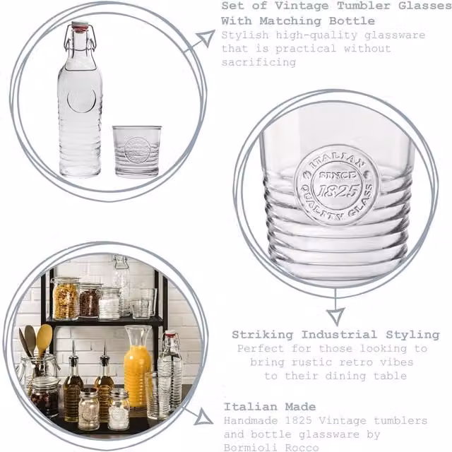 Bormioli Rocco Officina 1825 7 Piece Swing Bottle and Tumbler Glass Set, Clear