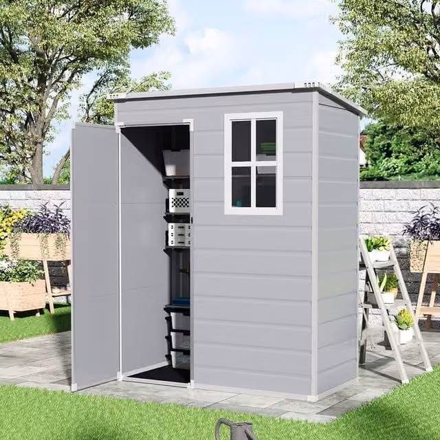 Breeins Plastic Outdoor Garden Pent Shed with Lockable Door in Grey