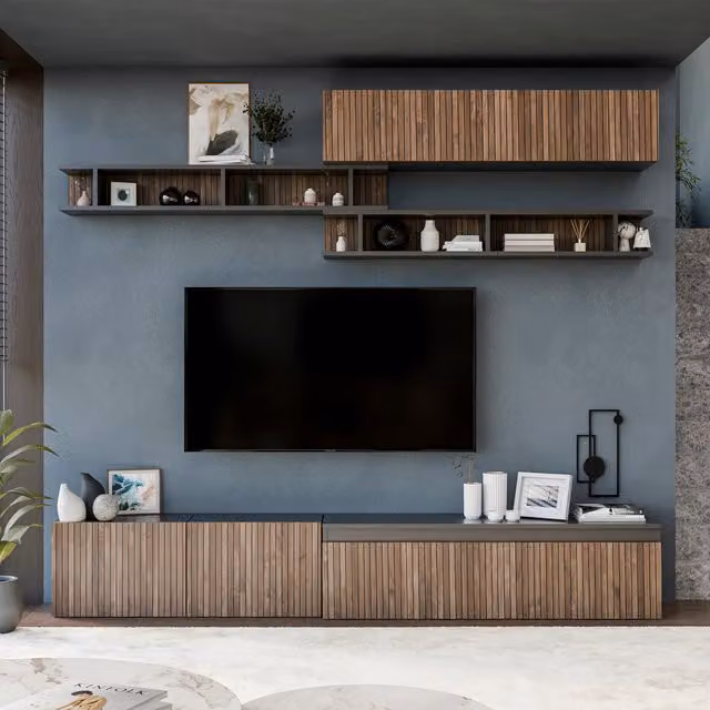 Decorotika Bravo Wall Mounted Modern Entertainment Center in Black and Brown with Geometric Alina Pattern