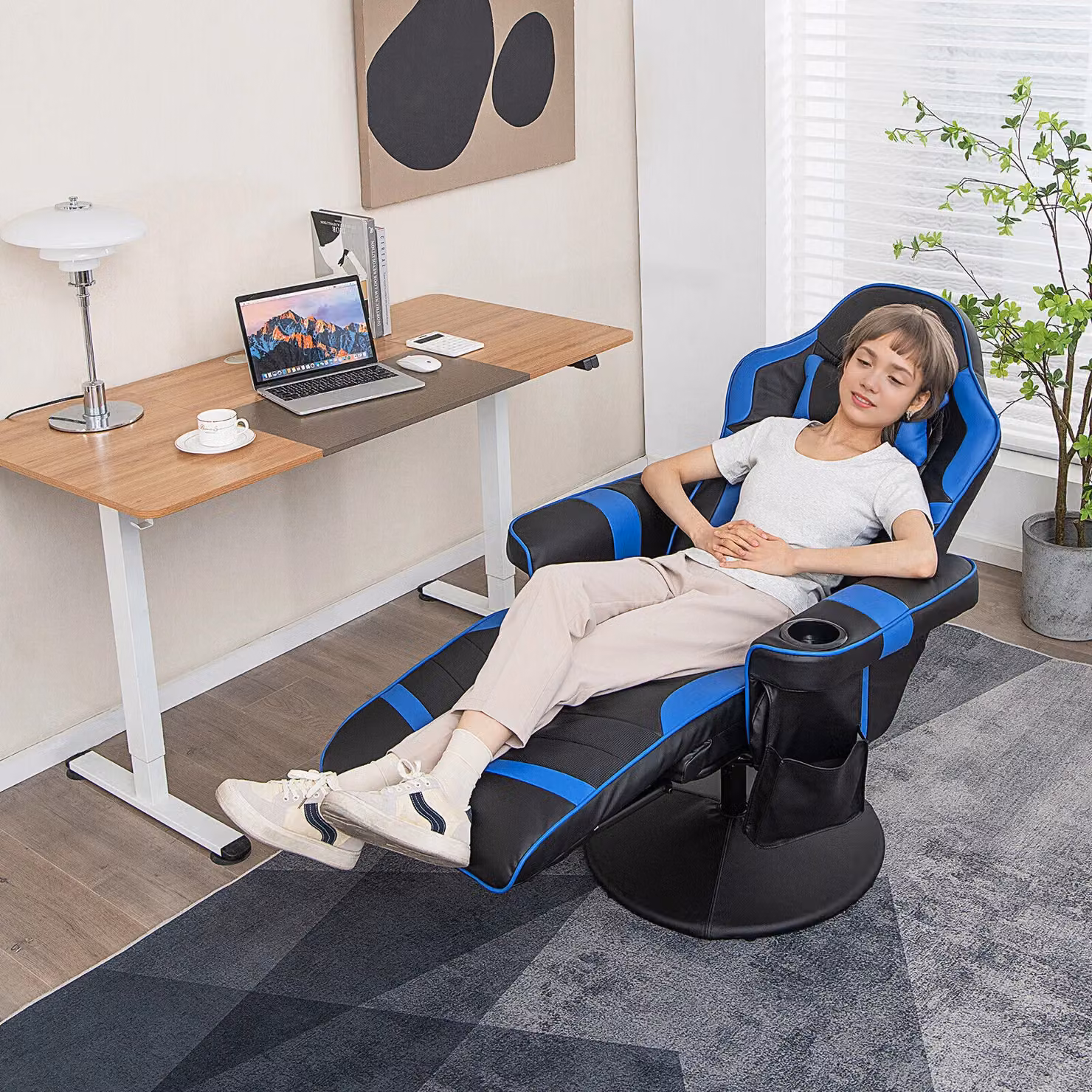 Gymax Blue PU Leather Massage Gaming Chair with Adjustable Height, Swivel Recliner and Headrest – 4