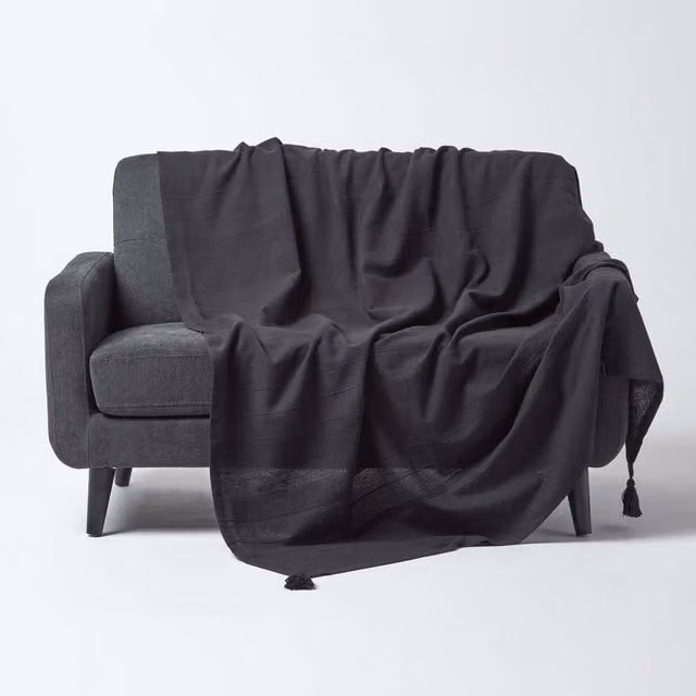 Homescapes Cotton Rajput Ribbed Woven Throw in Black