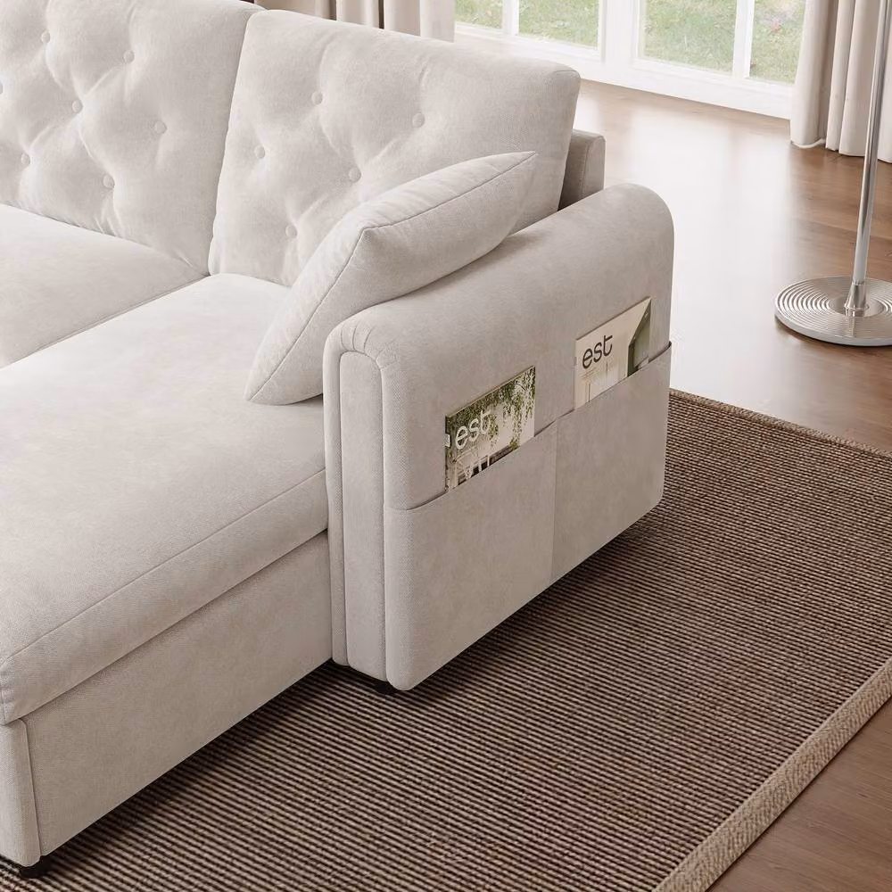 FENCHILIN Velvet L-Shaped Sectional Sofa with Reversible Chaise and Sleeping Function in Beige – 4