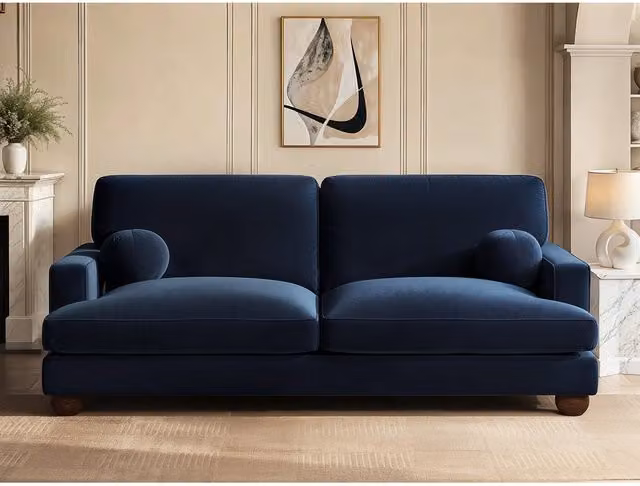 SolaceCo Addison 3 Seater Blue Velvet Sofa with Scatter Cushions