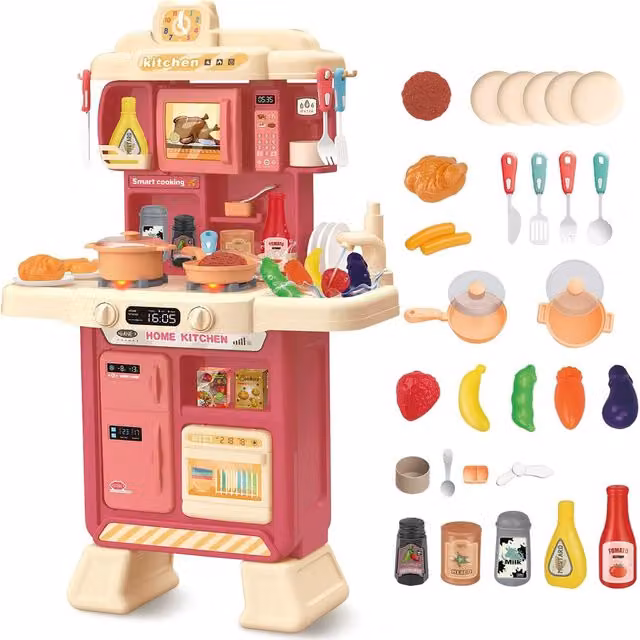 deAO Kids Kitchen Toy with Light and Analog Sound in Red and Pink