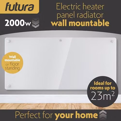 Futura 2000W White Glass Electric Convector Panel Heater with Thermostat and Open Window Detection, Wall Mounted or Freestanding – 2
