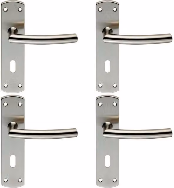 Loops 4x Curved Bar Lever Door Handle with Lock Backplate in Brushed Silver Stainless Steel, W/D/H: 17.2 x 4.4 x 0.8 cm