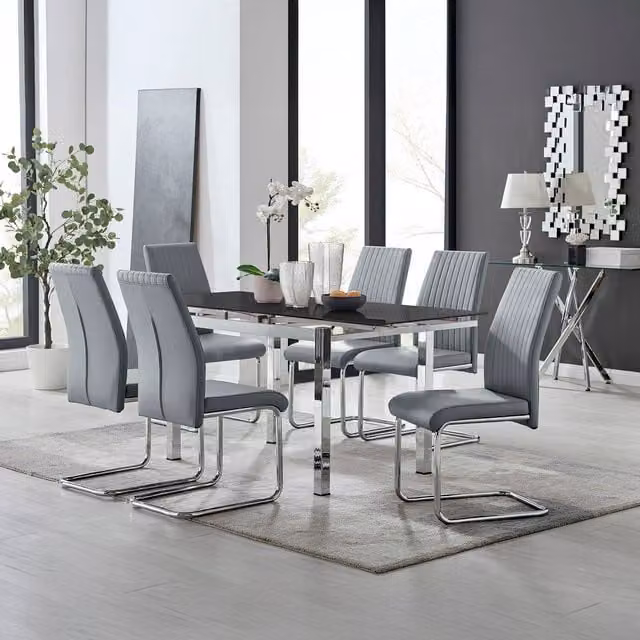 Furniturebox Enna Black Glass Extending Dining Table and 6 Lorenzo Chairs in Grey