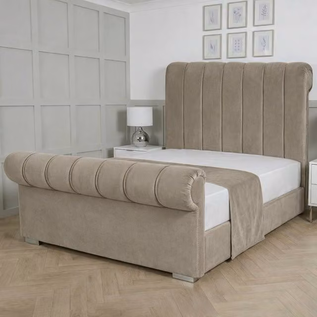 Living Comfort Bedz Orion Plush Velvet Upholstered Bed with Slatted Base and 48 Inch Headboard, Light Grey, W/D/H: 140 x 200 cm