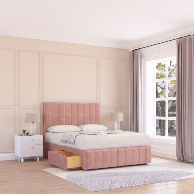 Sloomy California Divan Bed Base in Pink Velvet with 2 Drawers, 12 inch Footboard and 54 inch Floor Standing Chesterfield Headboard, W/D/H: 140 x 200 cm