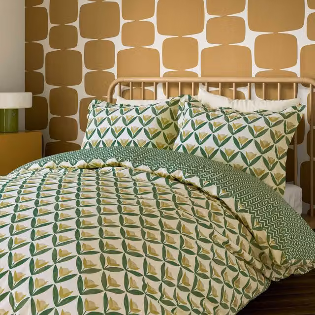 Scion Tulip Trellis Floral Cotton Duvet Cover and Pillowcase Set, Yellow and Green, W: 180 cm, H: 200 cm