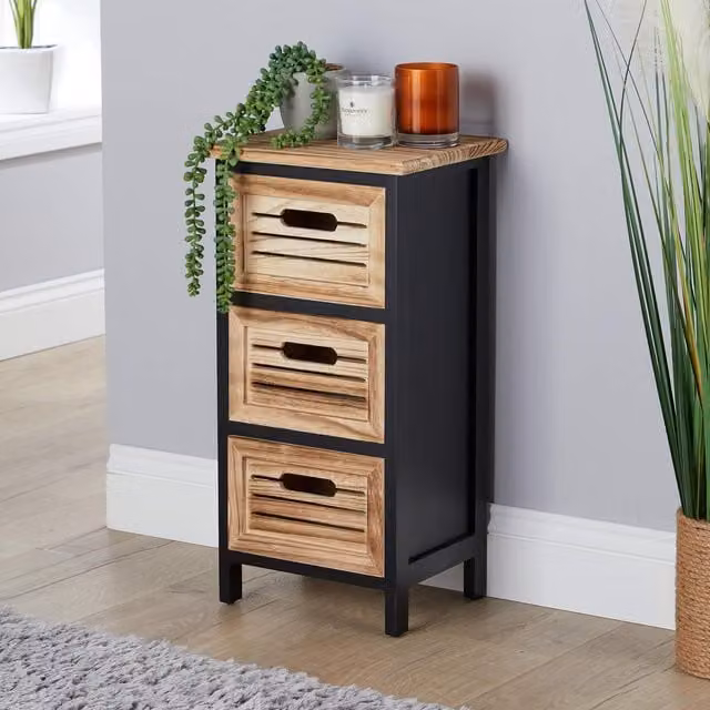 Home Source Solid Wood 3 Drawer Storage Chest Organiser in Rustic Jet Black – 1