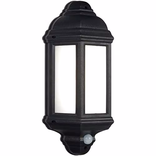 Loops Traditional IP44 Wall Lantern Light with PIR and Dusk Sensor, 7W Cool White LED, Matt Black – 1