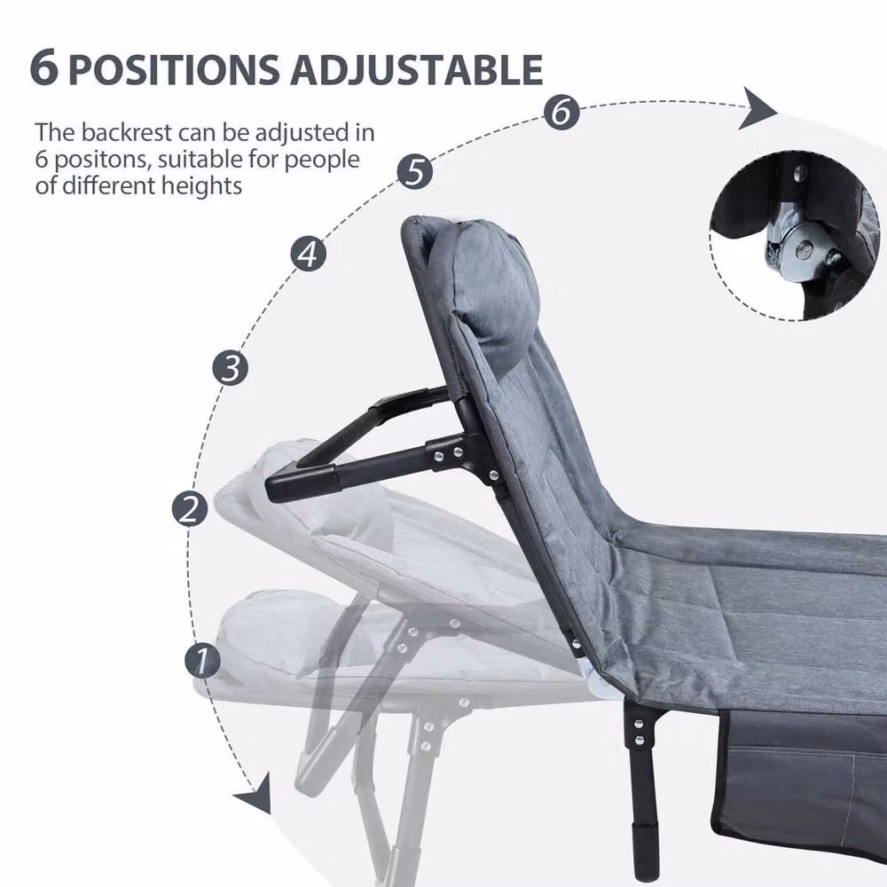 FLAVORA Grey Folding Sun Lounger Recliner Single Camping Bed with Side Compartment, W/D/H: 170 x 55 x 30 cm – 5