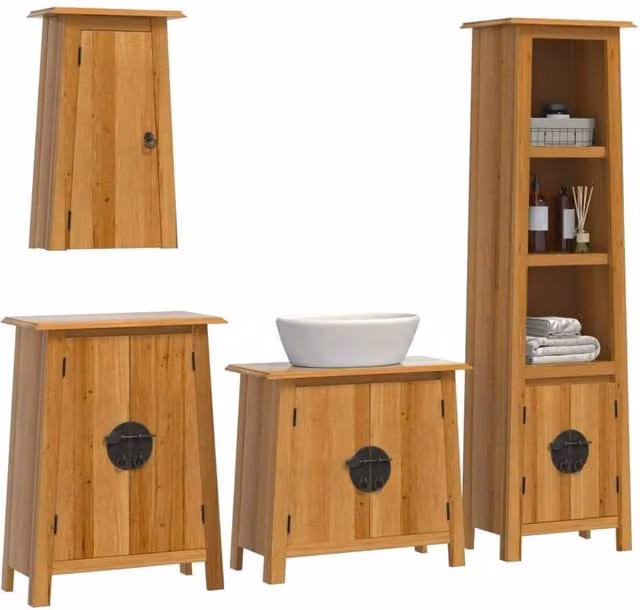 Berkfield Home Beautiful 4 Piece Solid Pine Bathroom Furniture Set in Brown – 1