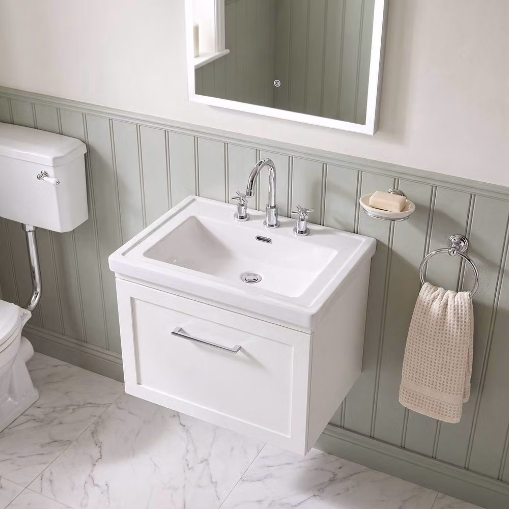 Balterley Stonnall Wall Mounted 1 Drawer Vanity Unit and 3TH Fireclay Basin, Matt White, Width: 60 cm – 2