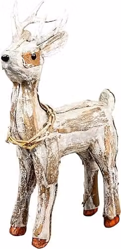 SHATCHI Reindeer Figure Christmas Tabletop Centrepiece in Brown and White Wood, Height: 36 cm