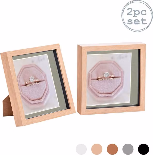 Nicola Spring Pack of 2 Grey 3D Box Photo Frames with 6 x 6 inch Mounts, W/D/H: 20.32 x 20.32 x 20.32 cm