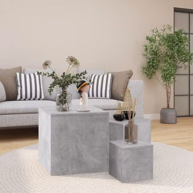 Berkfield Home Set of 3 Nested Square Side Tables in Concrete Grey MDF